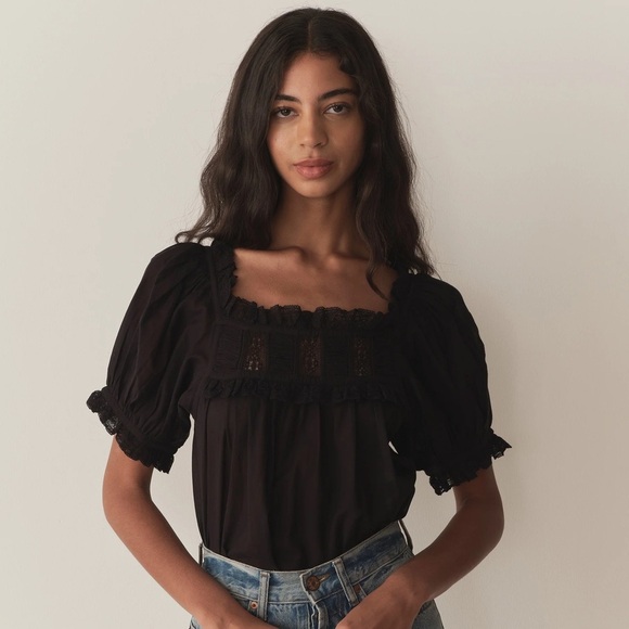 Doen Frances Cotton Voile Ruffle Lace Short Puff Sleeve Blouse Top Black - Picture 2 of 10